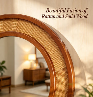 English Elm Black Walnut Rattan Round Wall Mirror Handwoven Wood Frame Farmhouse Entryway Accent W2203P530880