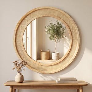 English Elm Natural Rattan Woven Round Wall Mirror 30 Inch Solid Wood Bohemian Farmhouse Accent W2203P530917