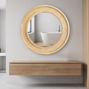 English Elm Natural Rattan Woven Round Wall Mirror 30 Inch Solid Wood Bohemian Farmhouse Accent W2203P530917