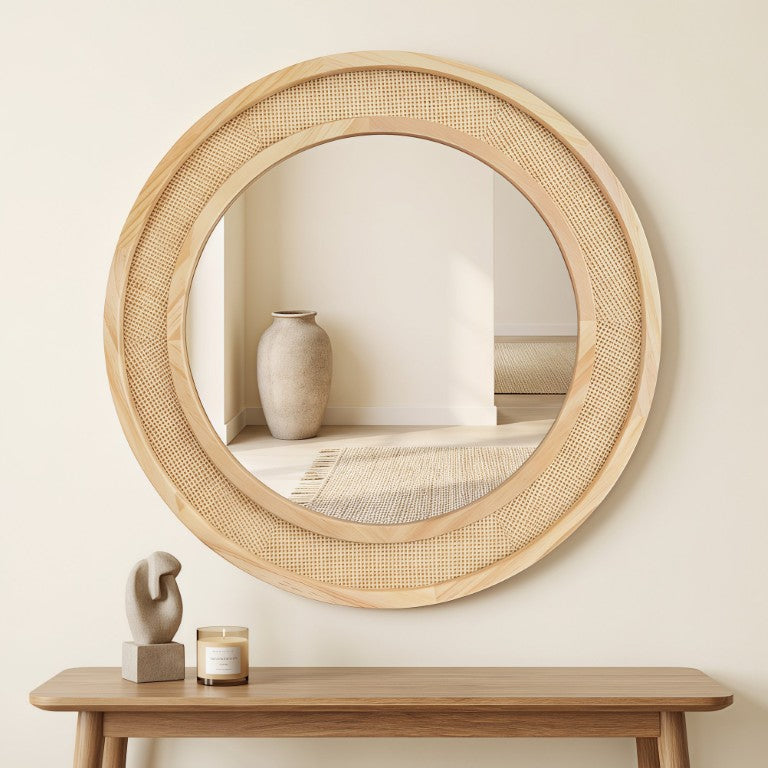 English Elm Natural Rattan Woven Round Wall Mirror 30 Inch Solid Wood Bohemian Farmhouse Accent W2203P530917