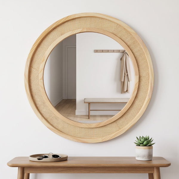 English Elm Natural Rattan Woven Round Wall Mirror 30 Inch Solid Wood Bohemian Farmhouse Accent W2203P530917