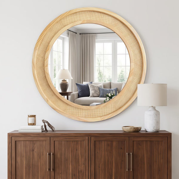 English Elm Natural Rattan Woven Round Wall Mirror 30 Inch Solid Wood Bohemian Farmhouse Accent W2203P530917