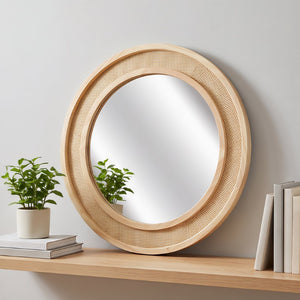 English Elm Natural Rattan Woven Round Wall Mirror 30 Inch Solid Wood Bohemian Farmhouse Accent W2203P530917