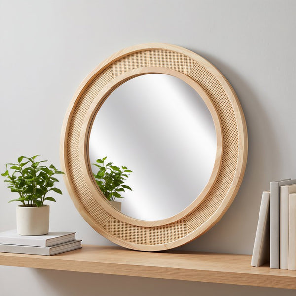 English Elm Natural Rattan Woven Round Wall Mirror 30 Inch Solid Wood Bohemian Farmhouse Accent W2203P530917