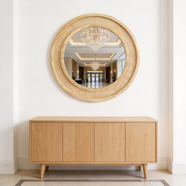English Elm Natural Rattan Woven Round Wall Mirror 30 Inch Solid Wood Bohemian Farmhouse Accent W2203P530917