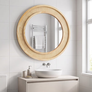 English Elm Natural Rattan Woven Round Wall Mirror 30 Inch Solid Wood Bohemian Farmhouse Accent W2203P530917