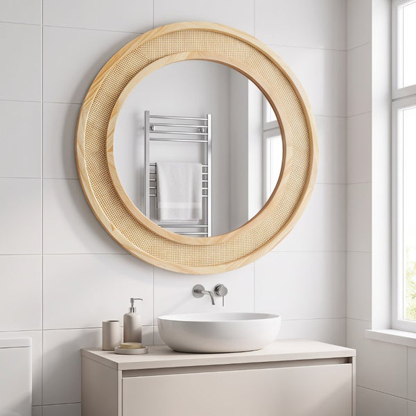 English Elm Natural Rattan Woven Round Wall Mirror 30 Inch Solid Wood Bohemian Farmhouse Accent W2203P530917
