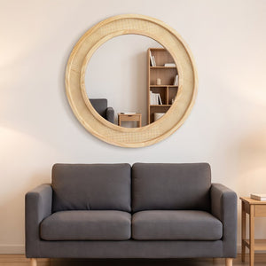 English Elm Natural Rattan Woven Round Wall Mirror 30 Inch Solid Wood Bohemian Farmhouse Accent W2203P530917