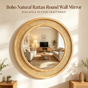 English Elm Natural Rattan Woven Round Wall Mirror 30 Inch Solid Wood Bohemian Farmhouse Accent W2203P530917