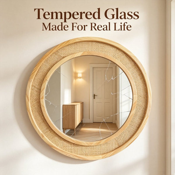 English Elm Natural Rattan Woven Round Wall Mirror 30 Inch Solid Wood Bohemian Farmhouse Accent W2203P530917