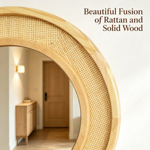 English Elm Natural Rattan Woven Round Wall Mirror 30 Inch Solid Wood Bohemian Farmhouse Accent W2203P530917