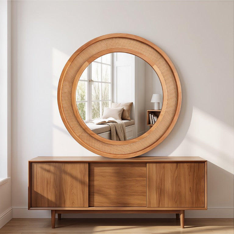 English Elm Natural Rattan Woven Round Wall Mirror Handcrafted Bohemian Accent for Entryway Bath Yellowish-Brown 30 inches W2203P530918