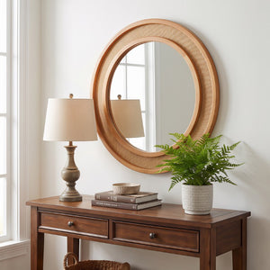 English Elm Natural Rattan Woven Round Wall Mirror Handcrafted Bohemian Accent for Entryway Bath Yellowish-Brown 30 inches W2203P530918