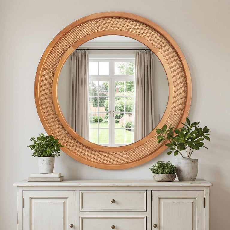 English Elm Natural Rattan Woven Round Wall Mirror Handcrafted Bohemian Accent for Entryway Bath Yellowish-Brown 30 inches W2203P530918