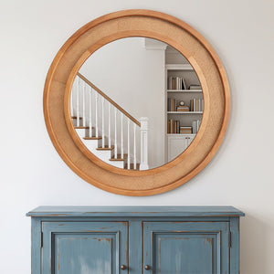 English Elm Natural Rattan Woven Round Wall Mirror Handcrafted Bohemian Accent for Entryway Bath Yellowish-Brown 30 inches W2203P530918