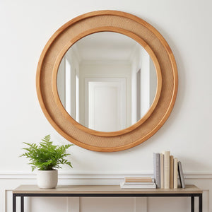 English Elm Natural Rattan Woven Round Wall Mirror Handcrafted Bohemian Accent for Entryway Bath Yellowish-Brown 30 inches W2203P530918