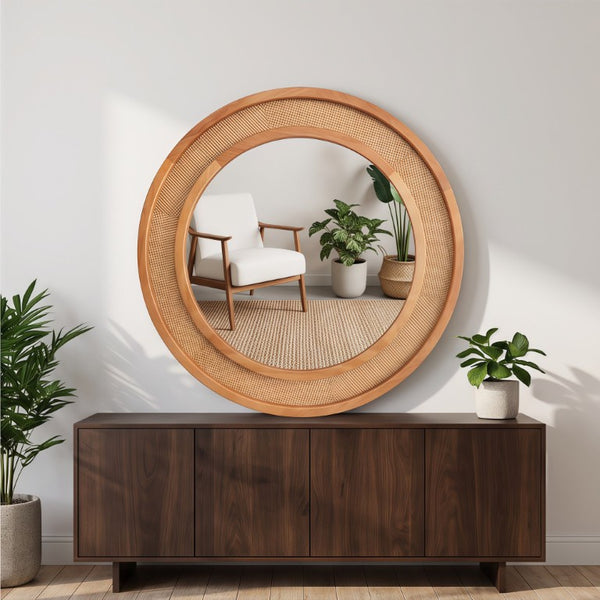 English Elm Natural Rattan Woven Round Wall Mirror Handcrafted Bohemian Accent for Entryway Bath Yellowish-Brown 30 inches W2203P530918