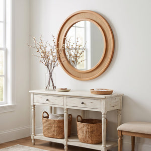 English Elm Natural Rattan Woven Round Wall Mirror Handcrafted Bohemian Accent for Entryway Bath Yellowish-Brown 30 inches W2203P530918
