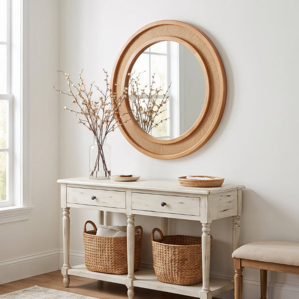 English Elm Natural Rattan Woven Round Wall Mirror Handcrafted Bohemian Accent for Entryway Bath Yellowish-Brown 30 inches W2203P530918
