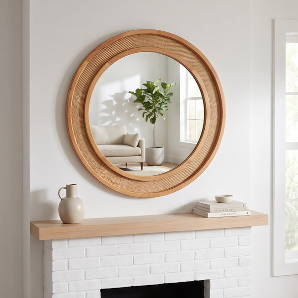 English Elm Natural Rattan Woven Round Wall Mirror Handcrafted Bohemian Accent for Entryway Bath Yellowish-Brown 30 inches W2203P530918
