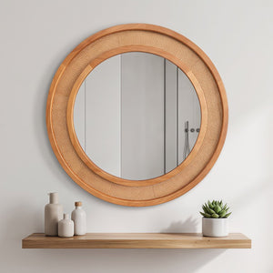English Elm Natural Rattan Woven Round Wall Mirror Handcrafted Bohemian Accent for Entryway Bath Yellowish-Brown 30 inches W2203P530918