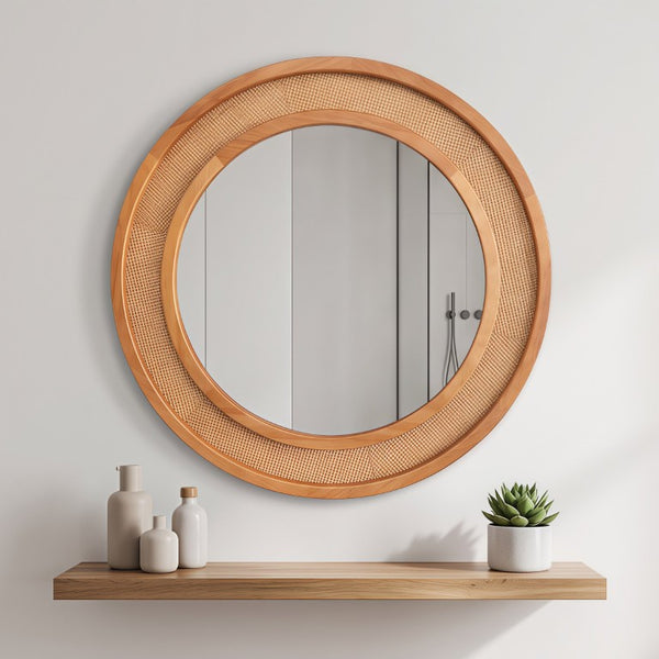 English Elm Natural Rattan Woven Round Wall Mirror Handcrafted Bohemian Accent for Entryway Bath Yellowish-Brown 30 inches W2203P530918