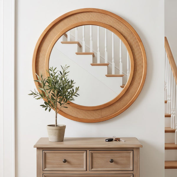 English Elm Natural Rattan Woven Round Wall Mirror Handcrafted Bohemian Accent for Entryway Bath Yellowish-Brown 30 inches W2203P530918