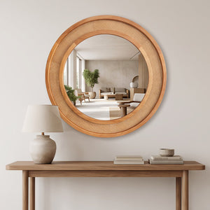English Elm Natural Rattan Woven Round Wall Mirror Handcrafted Bohemian Accent for Entryway Bath Yellowish-Brown 30 inches W2203P530918