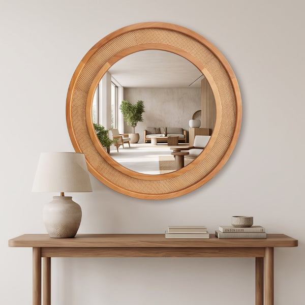 English Elm Natural Rattan Woven Round Wall Mirror Handcrafted Bohemian Accent for Entryway Bath Yellowish-Brown 30 inches W2203P530918