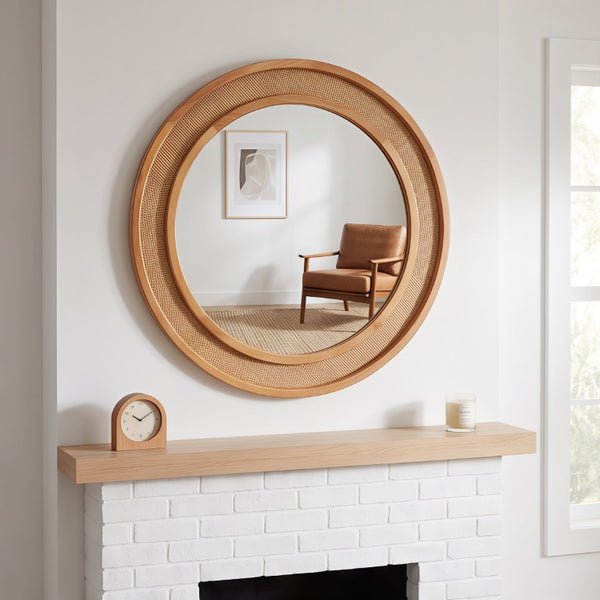 English Elm Natural Rattan Woven Round Wall Mirror Handcrafted Bohemian Accent for Entryway Bath Yellowish-Brown 30 inches W2203P530918