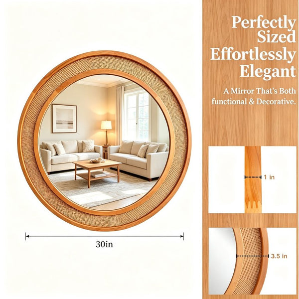 English Elm Natural Rattan Woven Round Wall Mirror Handcrafted Bohemian Accent for Entryway Bath Yellowish-Brown 30 inches W2203P530918