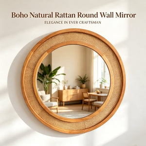 English Elm Natural Rattan Woven Round Wall Mirror Handcrafted Bohemian Accent for Entryway Bath Yellowish-Brown 30 inches W2203P530918