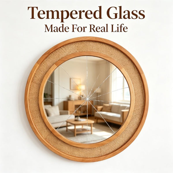 English Elm Natural Rattan Woven Round Wall Mirror Handcrafted Bohemian Accent for Entryway Bath Yellowish-Brown 30 inches W2203P530918