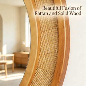 English Elm Natural Rattan Woven Round Wall Mirror Handcrafted Bohemian Accent for Entryway Bath Yellowish-Brown 30 inches W2203P530918