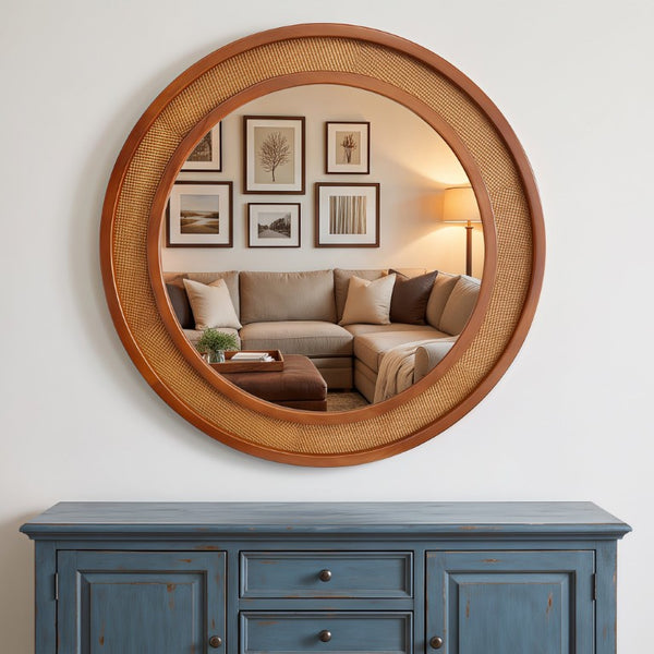 English Elm Black Walnut Rattan Woven Round Wall Mirror Solid Wood Farmhouse Entryway Accent W2203P530920