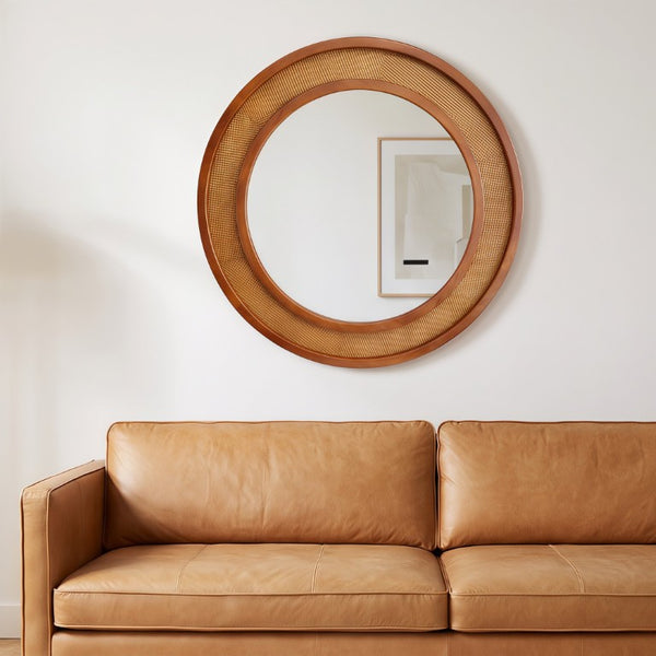 English Elm Black Walnut Rattan Woven Round Wall Mirror Solid Wood Farmhouse Entryway Accent W2203P530920