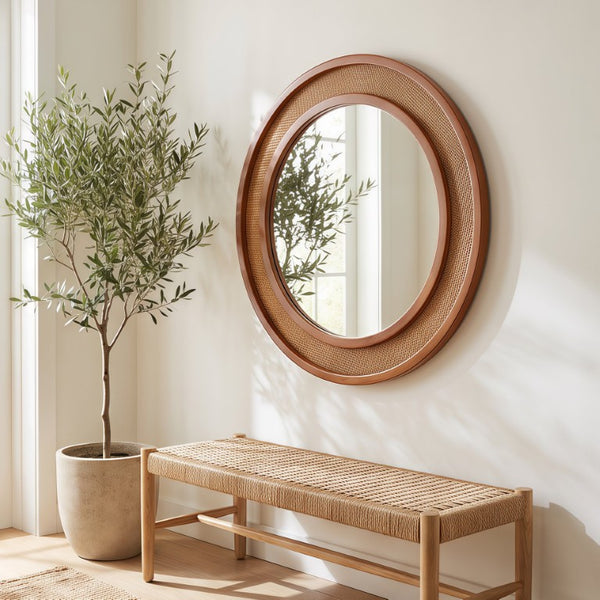English Elm Black Walnut Rattan Woven Round Wall Mirror Solid Wood Farmhouse Entryway Accent W2203P530920