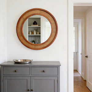 English Elm Black Walnut Rattan Woven Round Wall Mirror Solid Wood Farmhouse Entryway Accent W2203P530920
