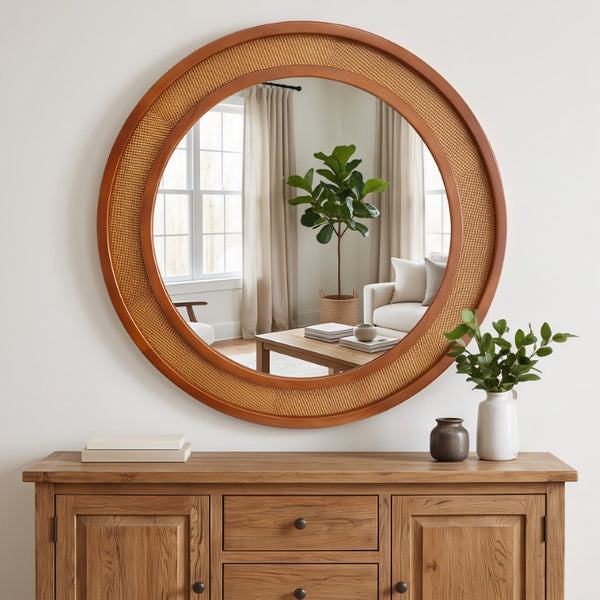 English Elm Black Walnut Rattan Woven Round Wall Mirror Solid Wood Farmhouse Entryway Accent W2203P530920