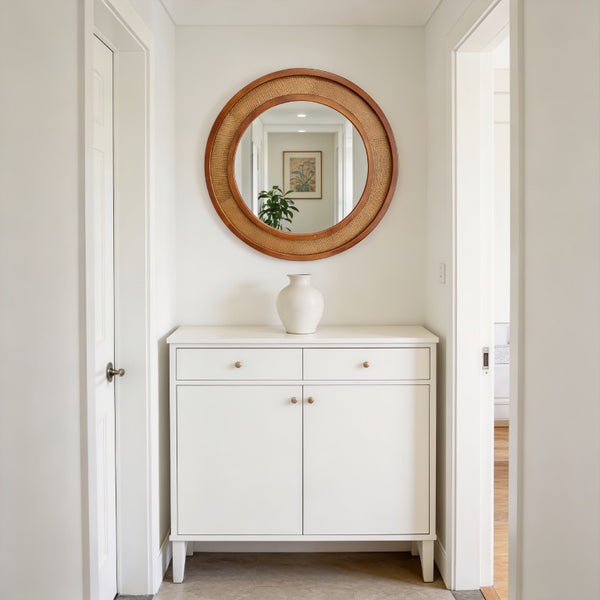 English Elm Black Walnut Rattan Woven Round Wall Mirror Solid Wood Farmhouse Entryway Accent W2203P530920