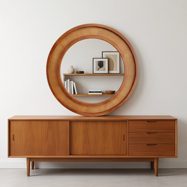 English Elm Black Walnut Rattan Woven Round Wall Mirror Solid Wood Farmhouse Entryway Accent W2203P530920