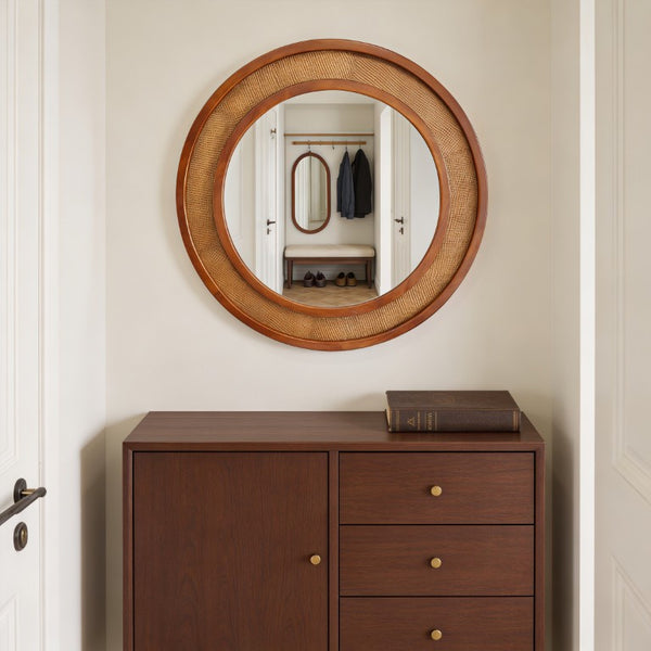 English Elm Black Walnut Rattan Woven Round Wall Mirror Solid Wood Farmhouse Entryway Accent W2203P530920