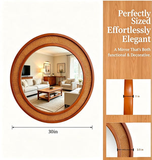 English Elm Black Walnut Rattan Woven Round Wall Mirror Solid Wood Farmhouse Entryway Accent W2203P530920