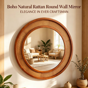 English Elm Black Walnut Rattan Woven Round Wall Mirror Solid Wood Farmhouse Entryway Accent W2203P530920