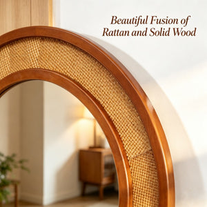 English Elm Black Walnut Rattan Woven Round Wall Mirror Solid Wood Farmhouse Entryway Accent W2203P530920