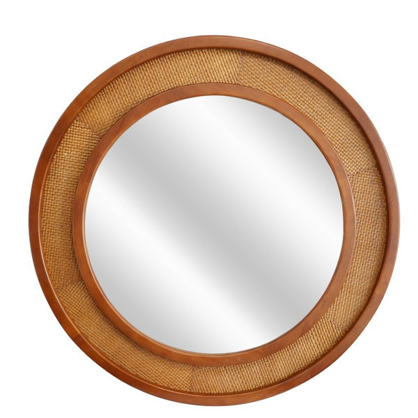 English Elm Black Walnut Rattan Woven Round Wall Mirror Solid Wood Farmhouse Entryway Accent W2203P530920