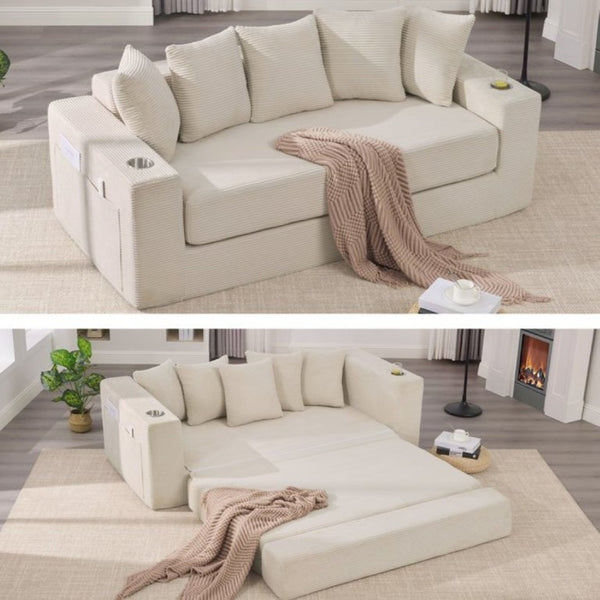 English Elm New Corduroy Convertible Floor Sofa with Cup Holders Side Pockets and Five Throw Pillows W2206P357003