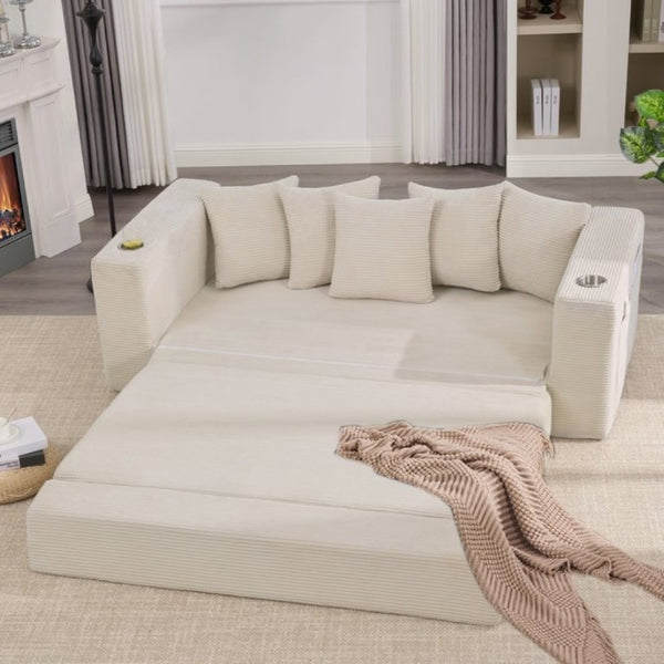English Elm New Corduroy Convertible Floor Sofa with Cup Holders Side Pockets and Five Throw Pillows W2206P357003