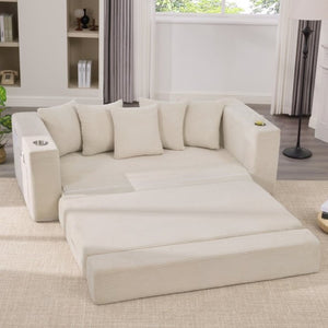 English Elm New Corduroy Convertible Floor Sofa with Cup Holders Side Pockets and Five Throw Pillows W2206P357003