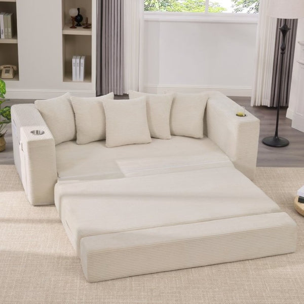 English Elm New Corduroy Convertible Floor Sofa with Cup Holders Side Pockets and Five Throw Pillows W2206P357003